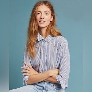 Rails Taylor Banker Stripe Pearl Button Down Shirt Blue White XS